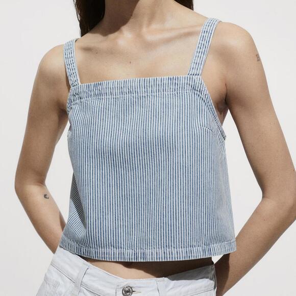Mango Stripe-Print Denim Crop Top Sleeveless Tank Blue White Small - Picture 1 of 6